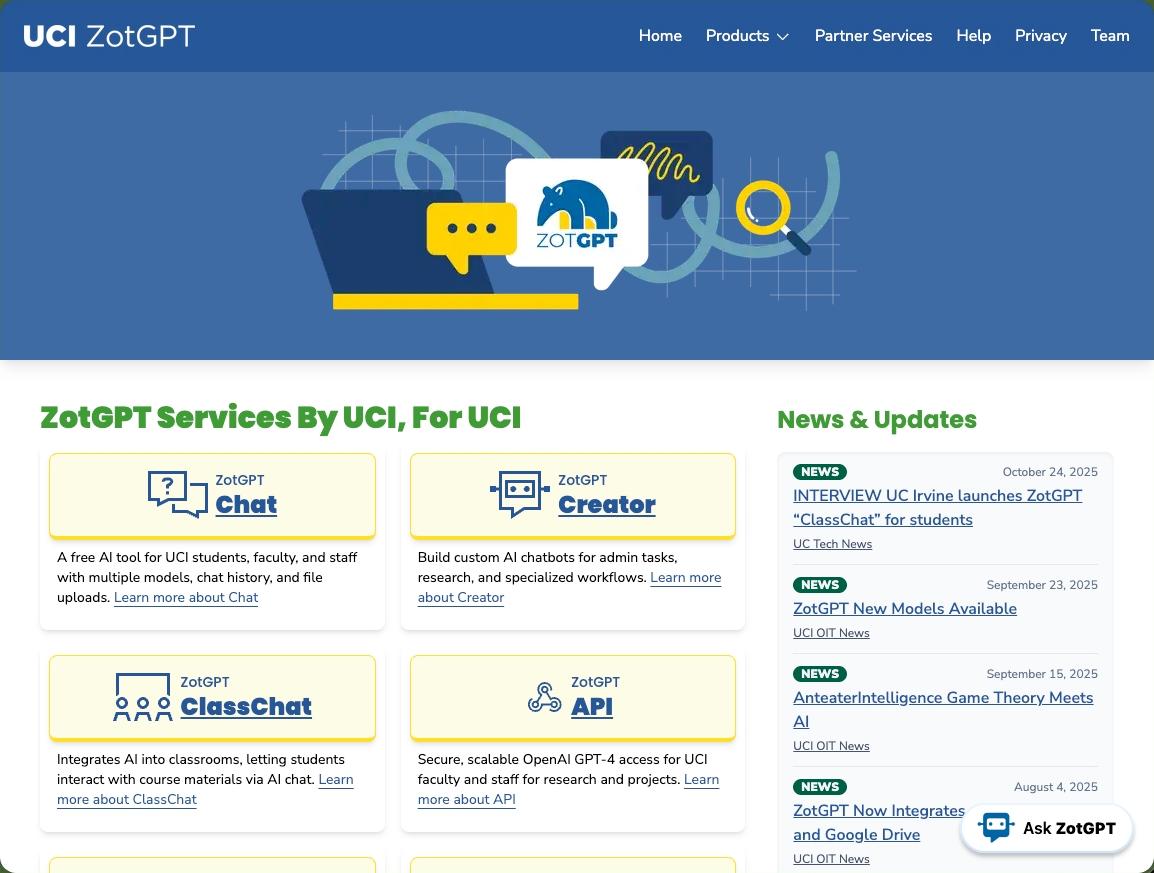 Screenshot of ZotGPT Website